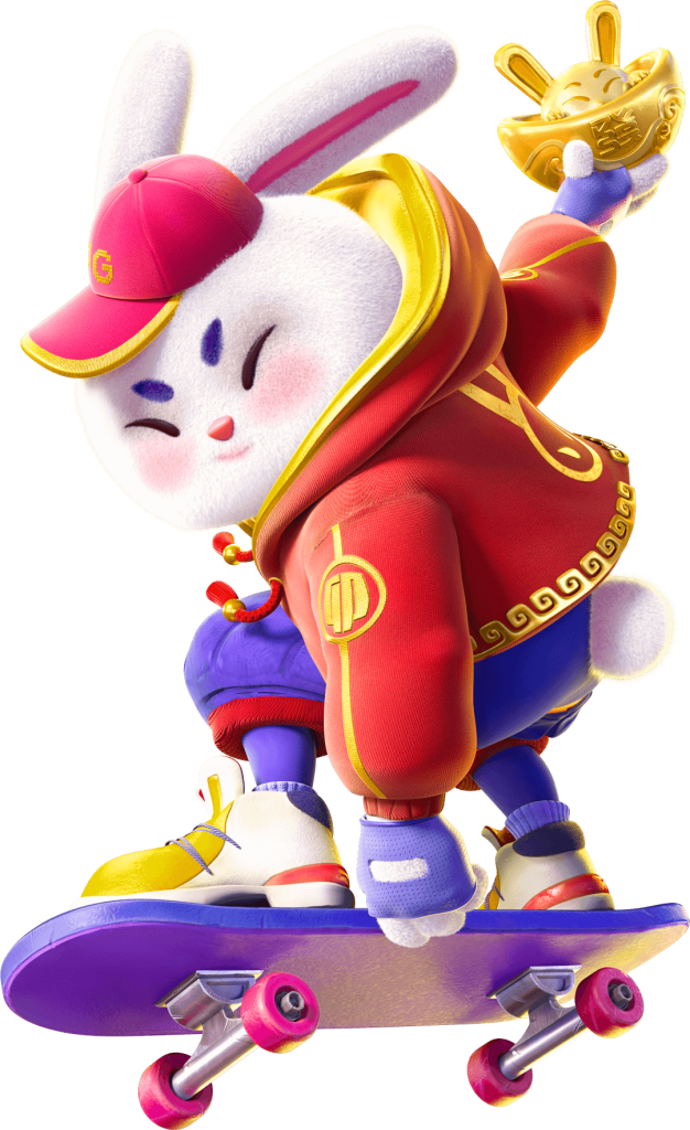 Mascote Fortune Rabbit em um skate
